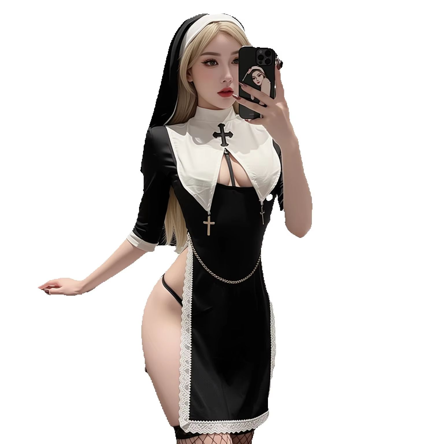 새로운 디자인 여성 섹시 홀터넥 롤플레잉 수녀복 성인  - Garter Belt Set 리뷰 및 가격